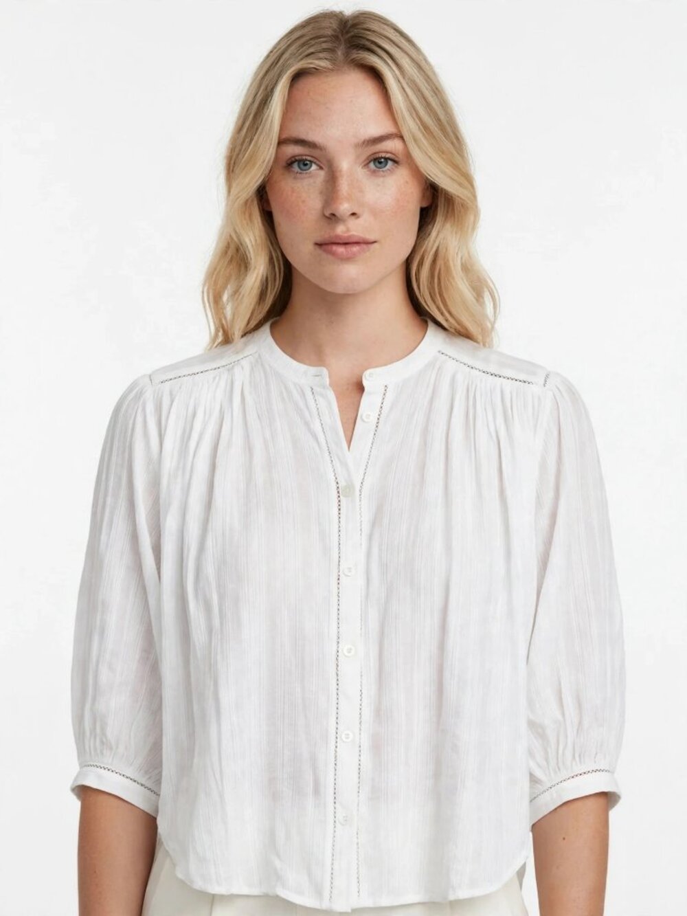 Madewell White Shirred Crewneck 3/4 Balloon Sleeve Button Down Top S NWT